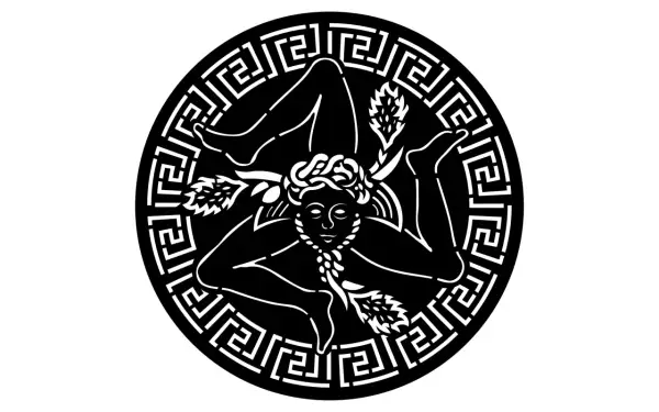 Czarno-biały symbol Trinacria z nogami i głową kobiety, otoczony greckim wzorem meandra.