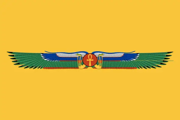 Symboliczne skrzydła z ankh pośrodku na żółtym tle, nawiązujące do starożytnego Egiptu. Flaga Egiptu w historycznej odsłonie.