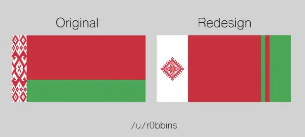 Porównanie oryginalnej i przeprojektowanej flagi Białorusi. Nowa flaga Białorusi z centralnym symbolem.