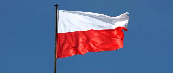 Biało-czerwona flaga Polski powiewa na maszcie na tle błękitnego nieba. Czy flaga może wisieć cały rok? Tak, symbol dumy narodowej jest zawsze na miejscu.